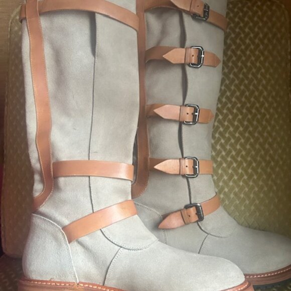 Free People Tristie Buckle Moto Tan Suede Leather Straps Knee High Boots - Picture 12 of 16